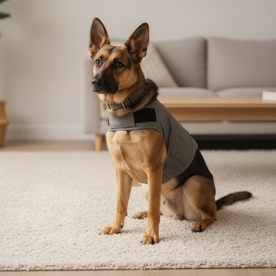 German Shepherd wearing grey calming vest, relaxing calmly indoors