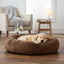 Golden Retriever in coffee brown bed 