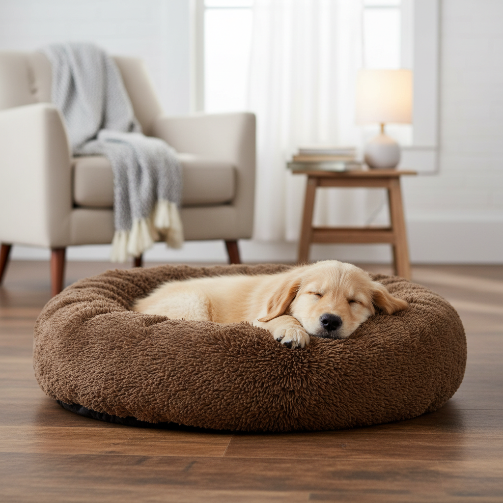 Golden Retriever in coffee brown bed 
