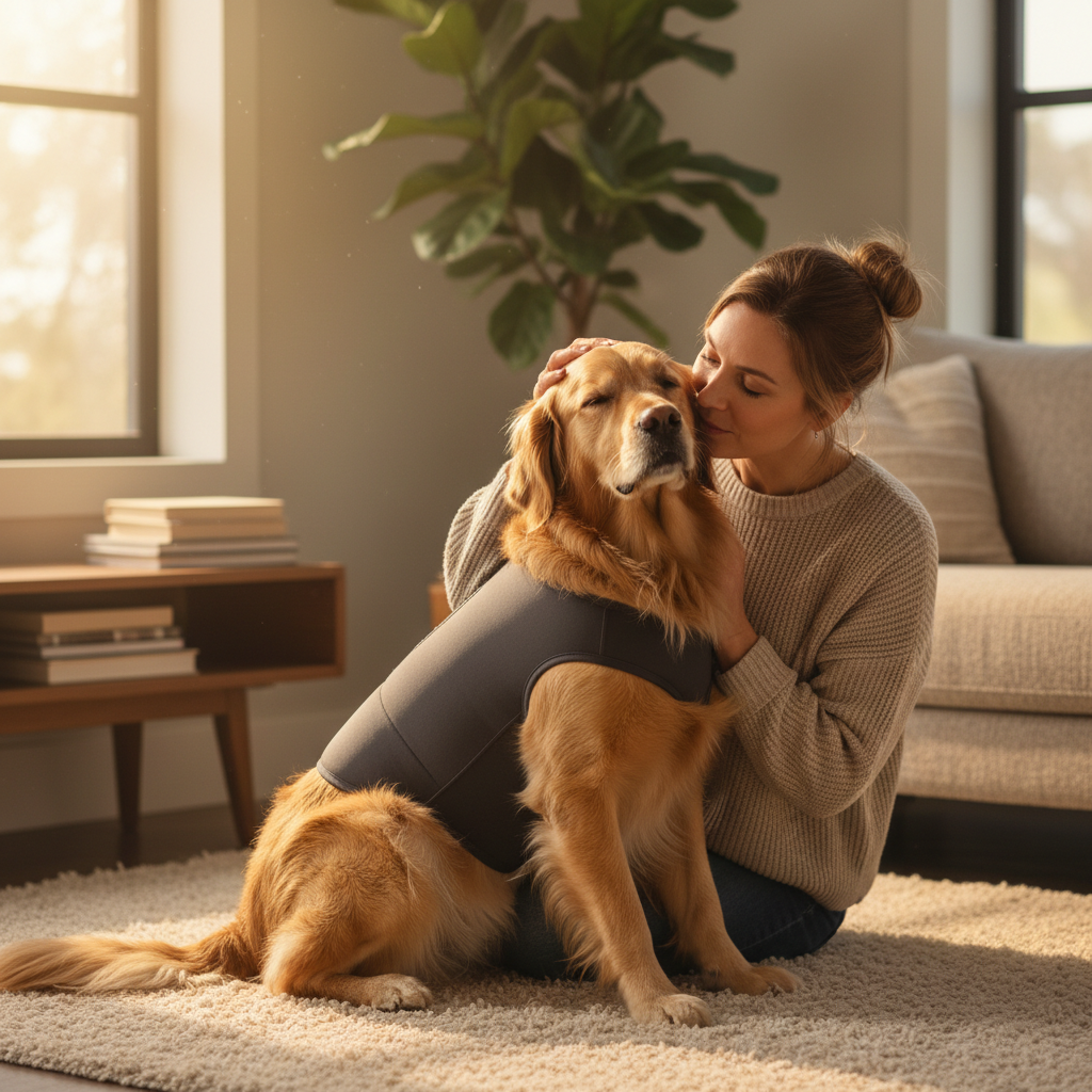 Golden Retriever in calming vest sitting with owner indoors 