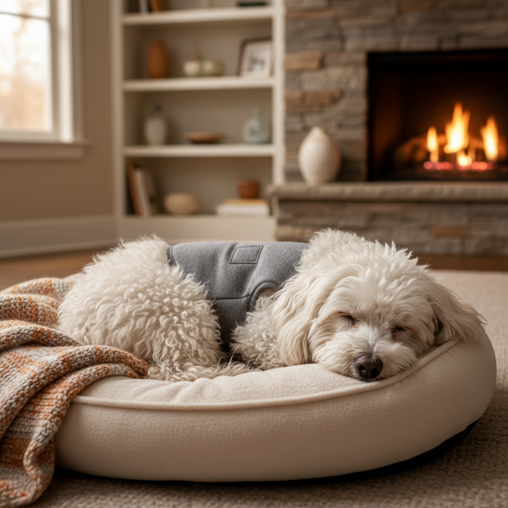 Small dog wearing grey anxiety wrap vest, lying peacefully on dog bed 
