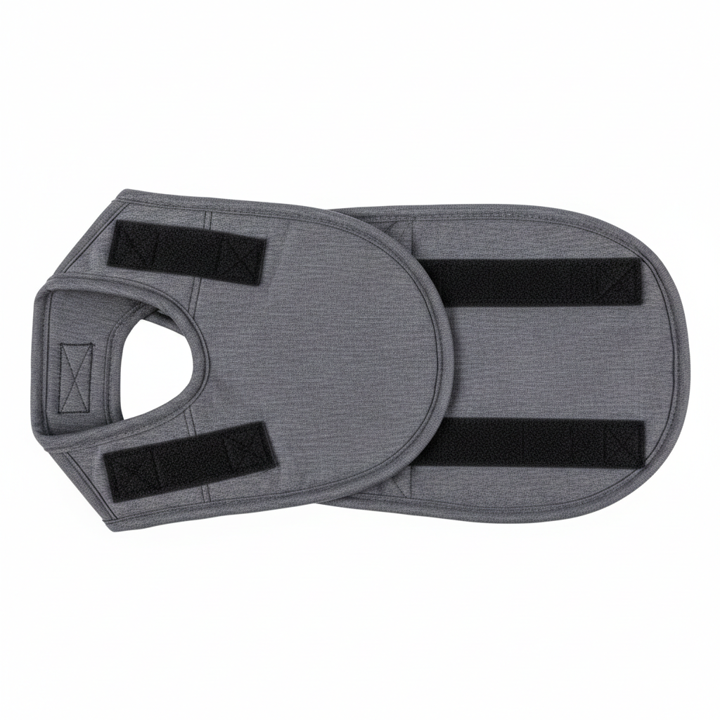 Grey dog calming wrap vest showing adjustable straps and breathable fabric 