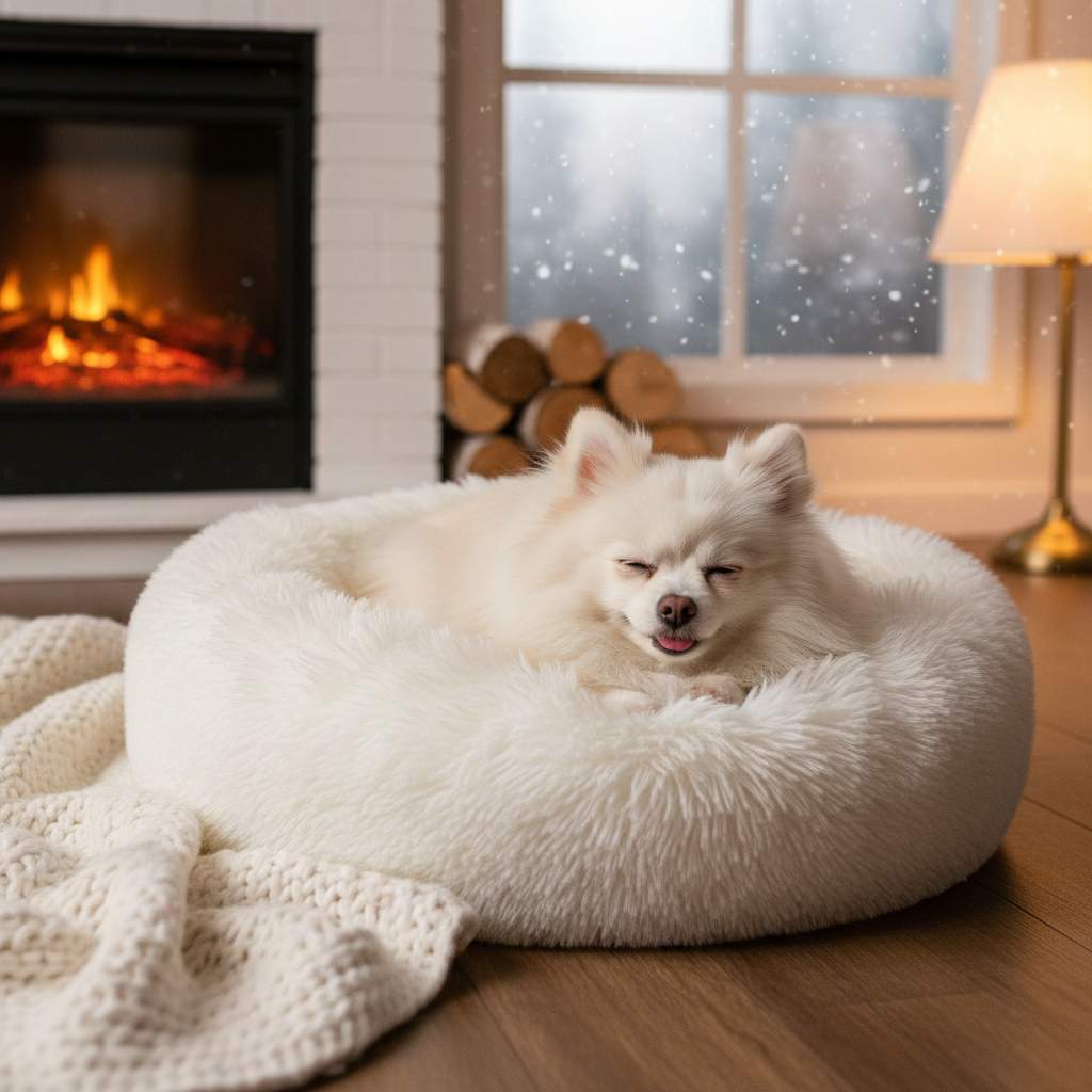 Pomeranian in whute bed